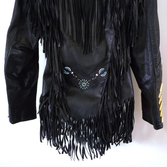 A. M. Bernardo Women's Black Leather Beaded Fringe Hippie Motorcycle Jacket XS - Picture 9 of 9